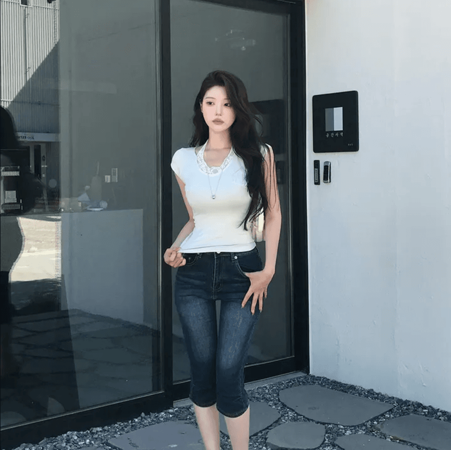 지금 레트로 워싱 무릎 주름 타이트 7 점 데님 반바지 상세 이미지 13