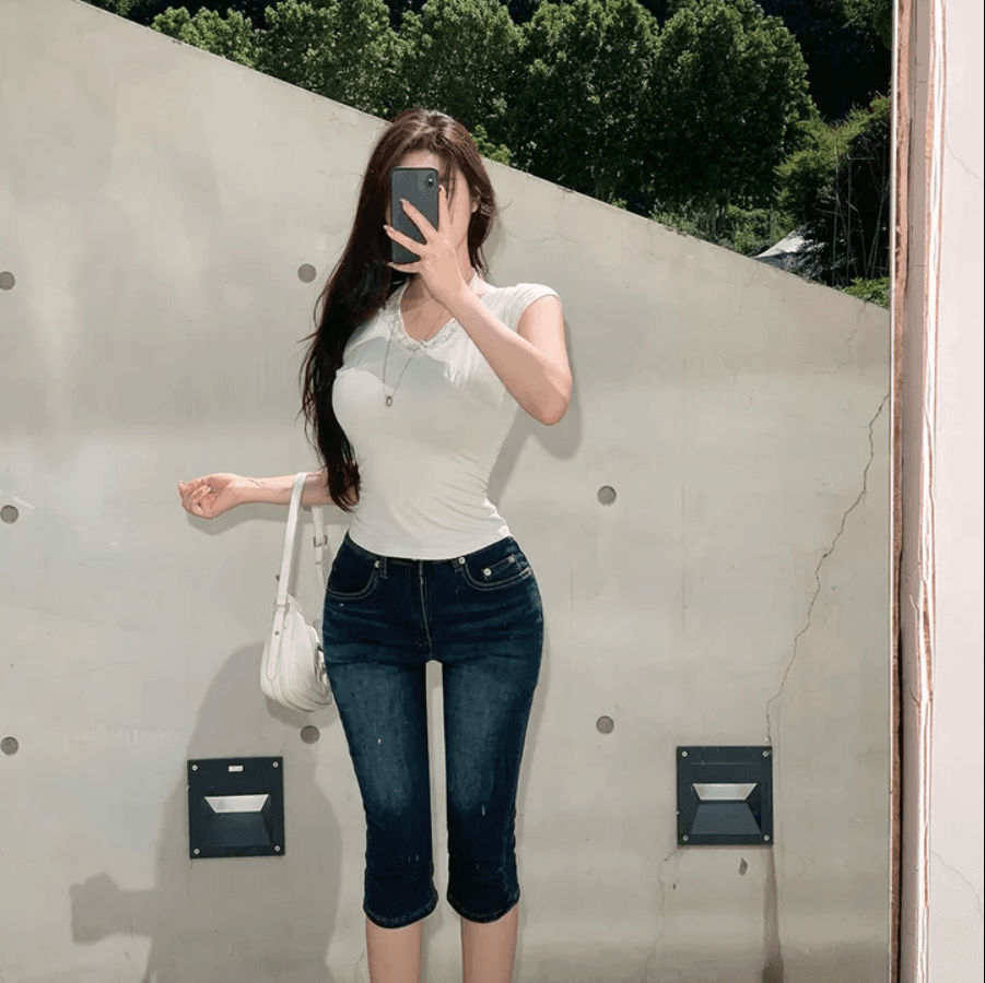 지금 레트로 워싱 무릎 주름 타이트 7 점 데님 반바지 상세 이미지 14