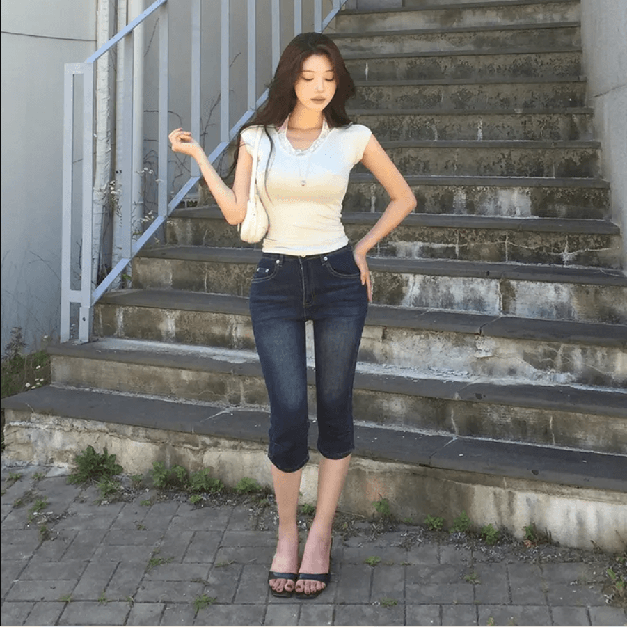 지금 레트로 워싱 무릎 주름 타이트 7 점 데님 반바지 상세 이미지 15
