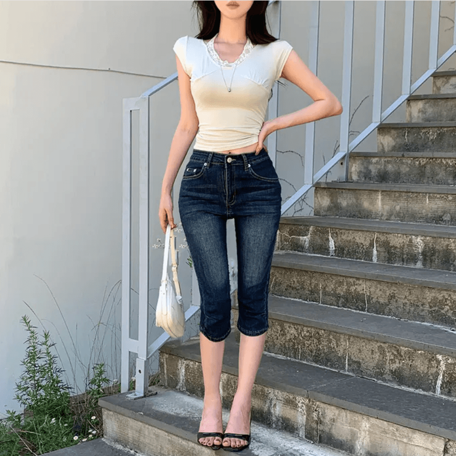 지금 레트로 워싱 무릎 주름 타이트 7 점 데님 반바지 상세 이미지 22