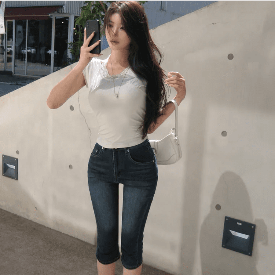 지금 레트로 워싱 무릎 주름 타이트 7 점 데님 반바지 상세 이미지 24