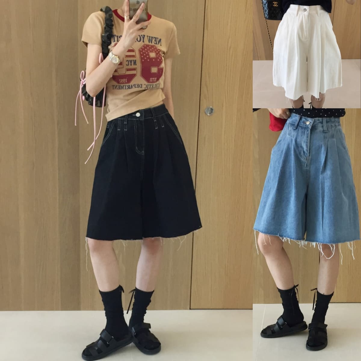 삼색 지금 바늘 Pleat 거친 가장자리 넓은 다리 데님 바지 반바지