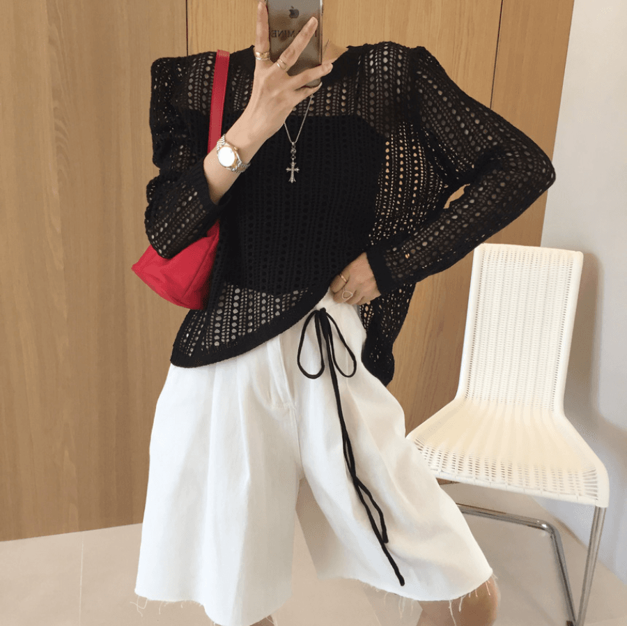 삼색 지금 바늘 Pleat 거친 가장자리 넓은 다리 데님 바지 반바지 상세 이미지 4