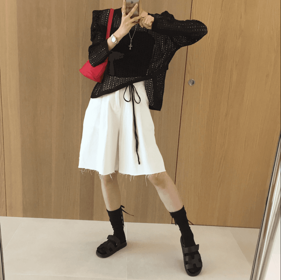 삼색 지금 바늘 Pleat 거친 가장자리 넓은 다리 데님 바지 반바지 상세 이미지 6