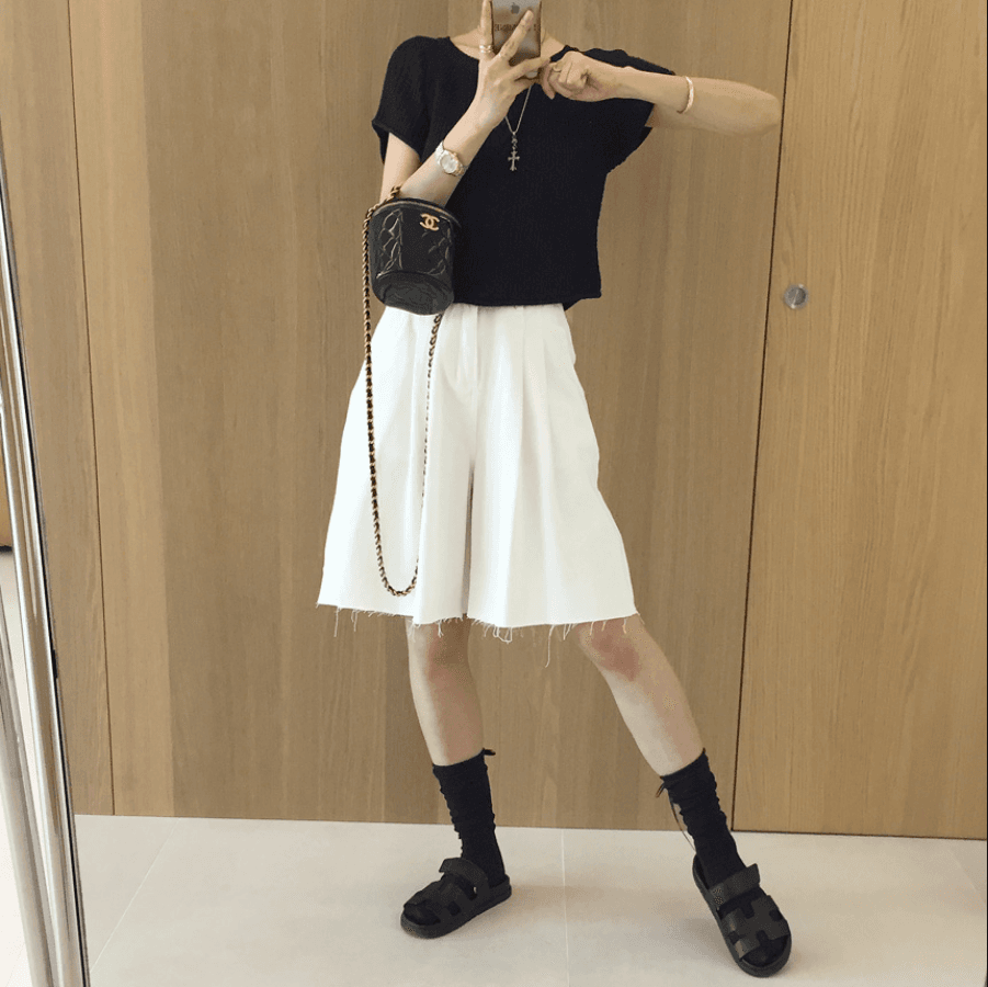 삼색 지금 바늘 Pleat 거친 가장자리 넓은 다리 데님 바지 반바지 상세 이미지 7