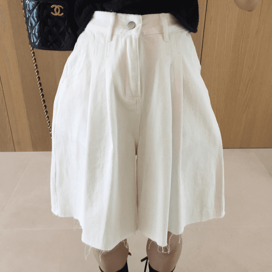 삼색 지금 바늘 Pleat 거친 가장자리 넓은 다리 데님 바지 반바지 상세 이미지 10
