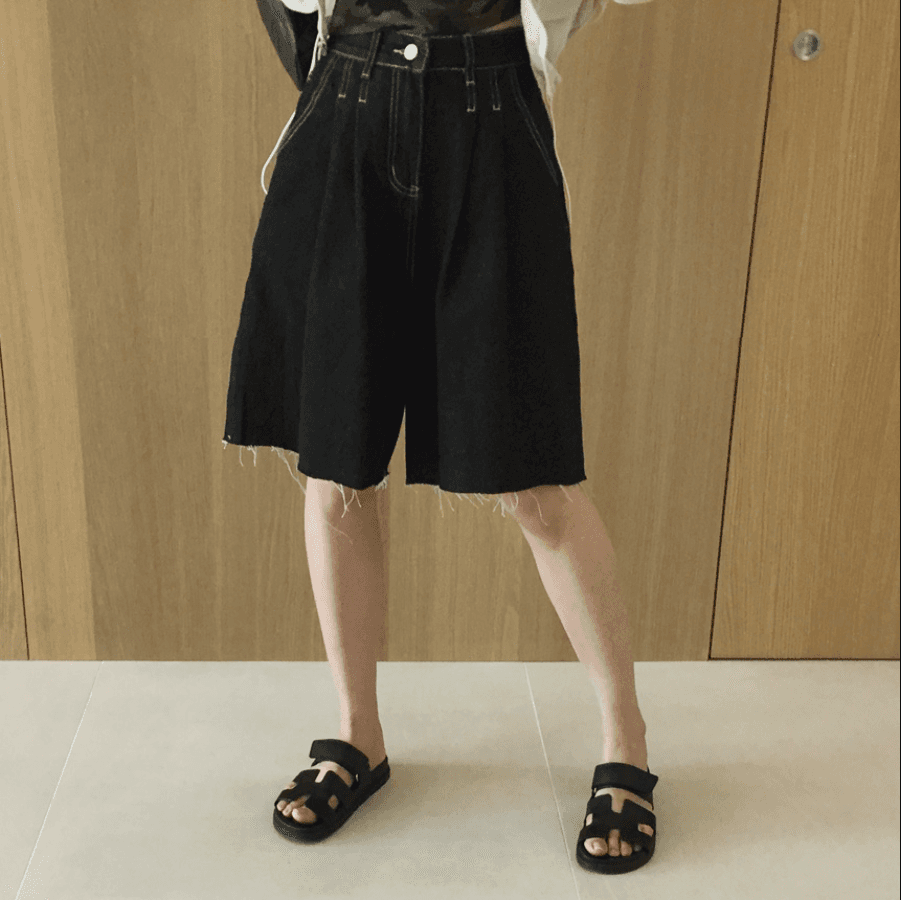 삼색 지금 바늘 Pleat 거친 가장자리 넓은 다리 데님 바지 반바지 상세 이미지 17