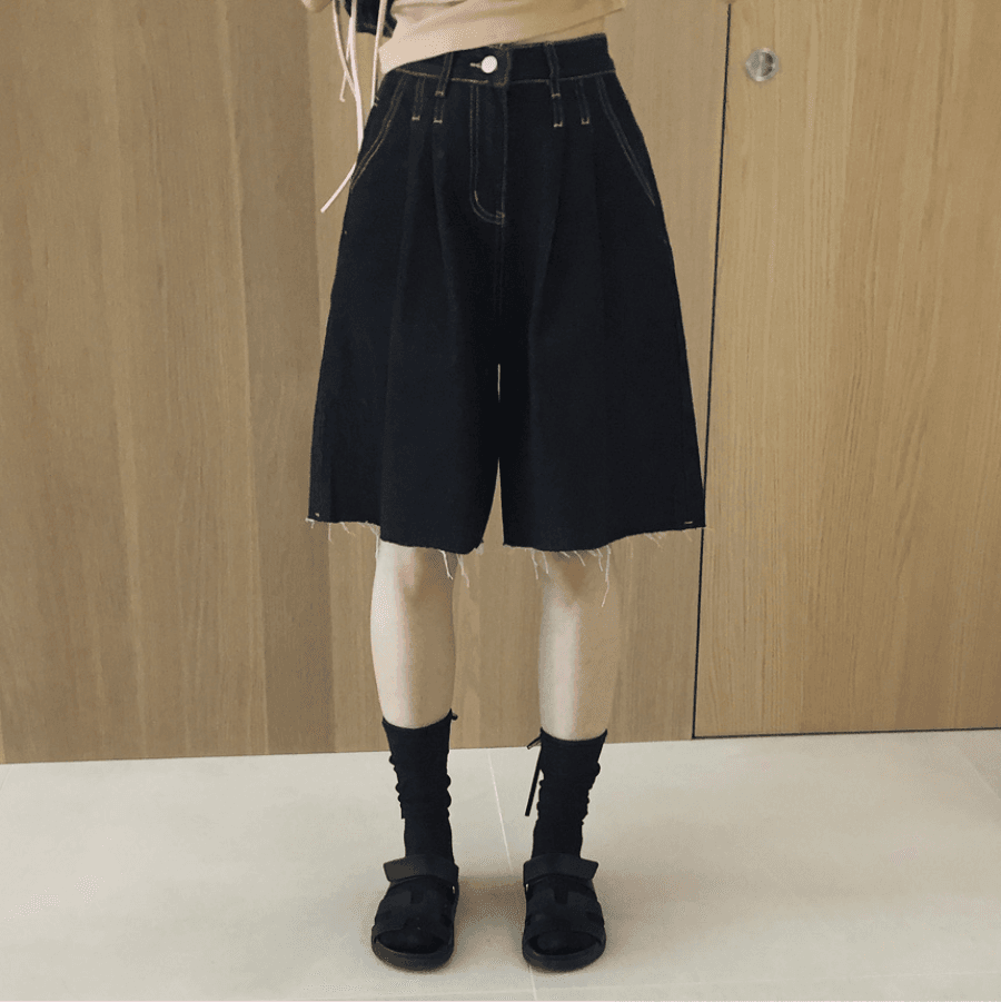 삼색 지금 바늘 Pleat 거친 가장자리 넓은 다리 데님 바지 반바지 상세 이미지 19