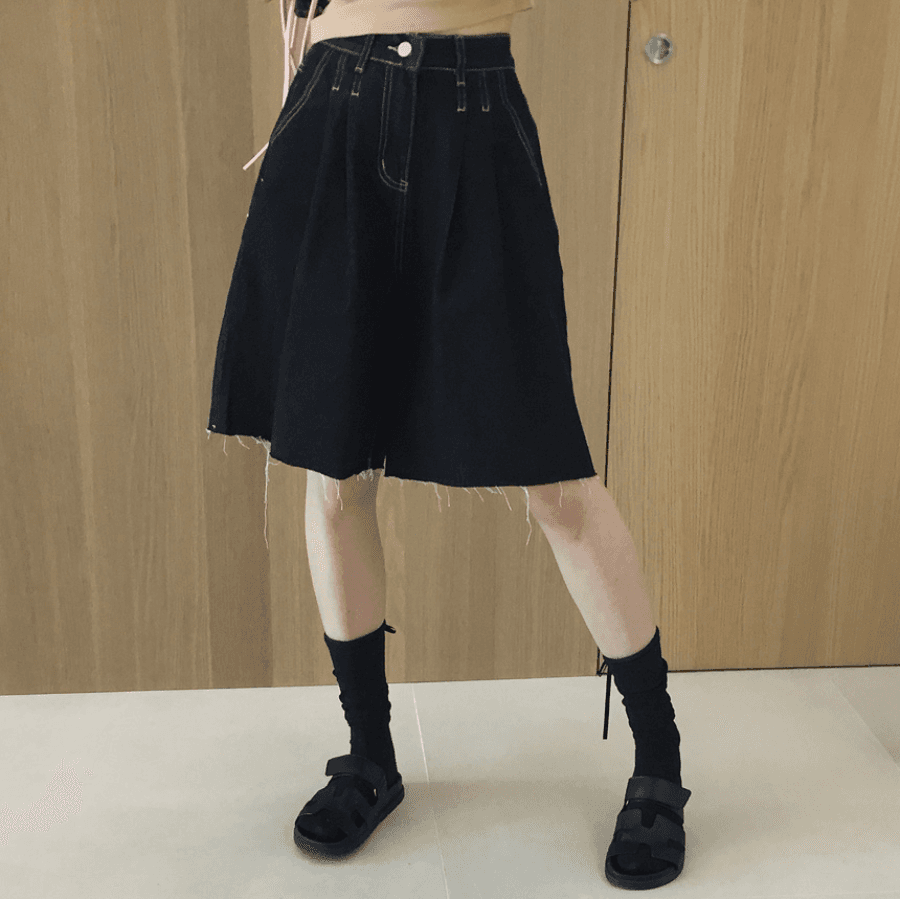 삼색 지금 바늘 Pleat 거친 가장자리 넓은 다리 데님 바지 반바지 상세 이미지 20