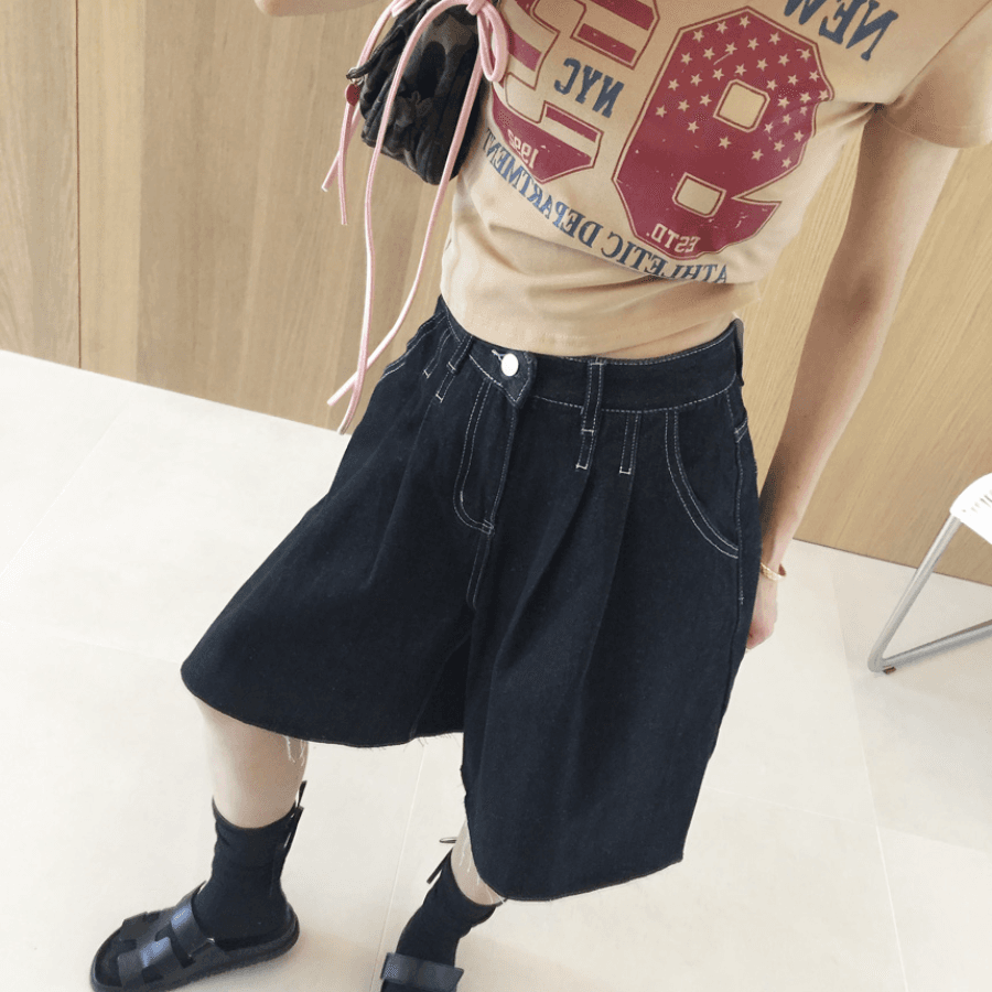 삼색 지금 바늘 Pleat 거친 가장자리 넓은 다리 데님 바지 반바지 상세 이미지 21