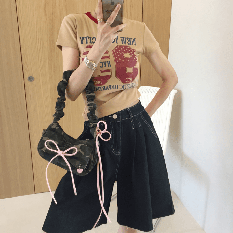 삼색 지금 바늘 Pleat 거친 가장자리 넓은 다리 데님 바지 반바지 상세 이미지 22