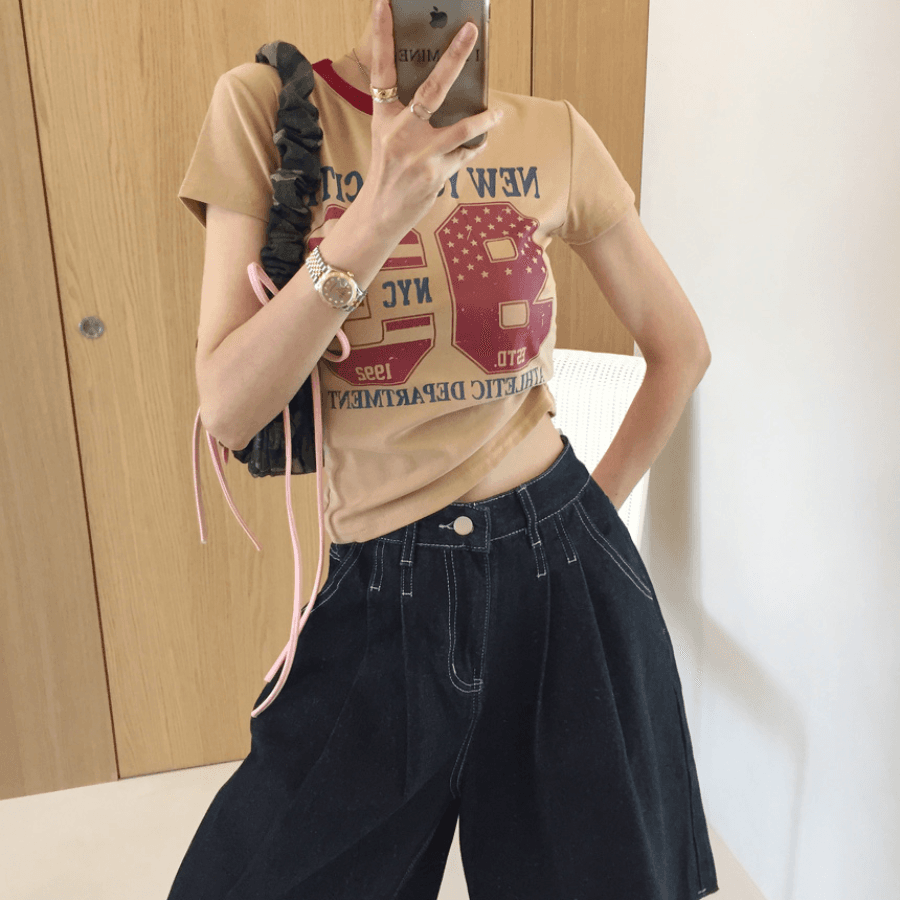 삼색 지금 바늘 Pleat 거친 가장자리 넓은 다리 데님 바지 반바지 상세 이미지 23