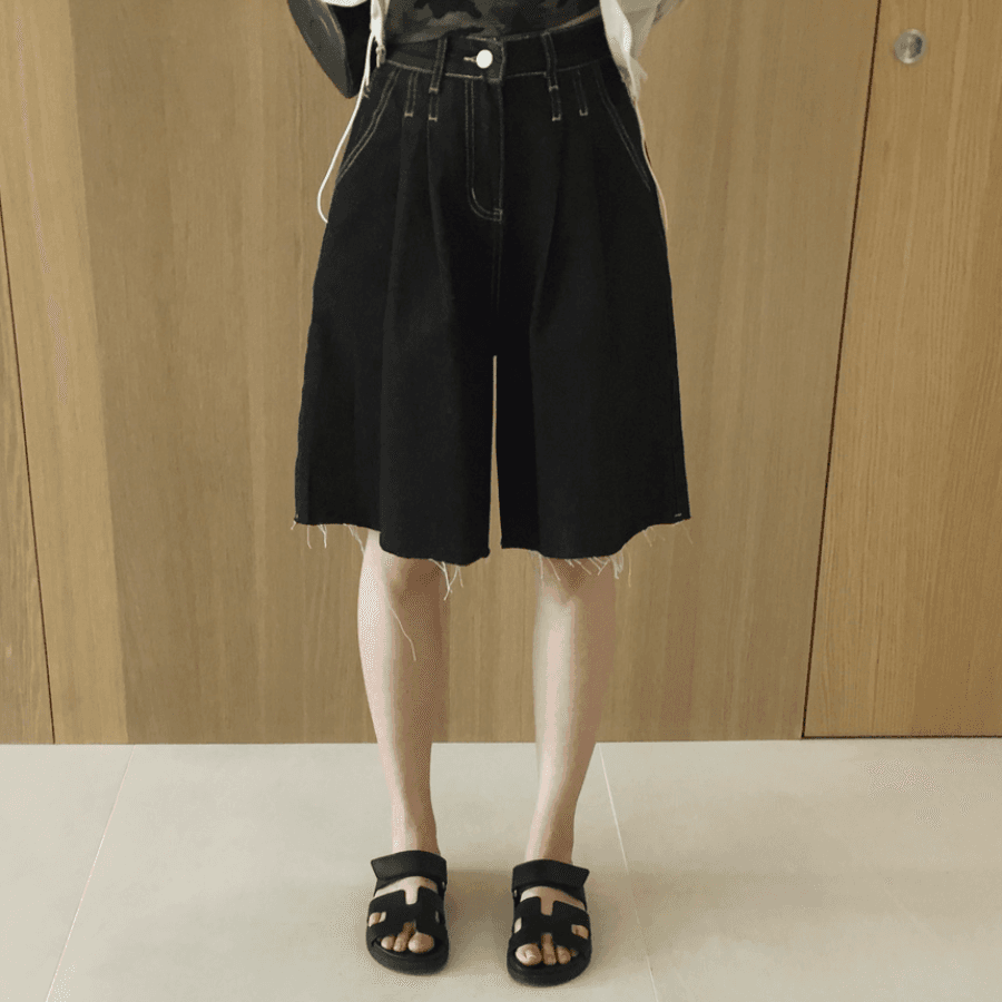 삼색 지금 바늘 Pleat 거친 가장자리 넓은 다리 데님 바지 반바지 상세 이미지 24