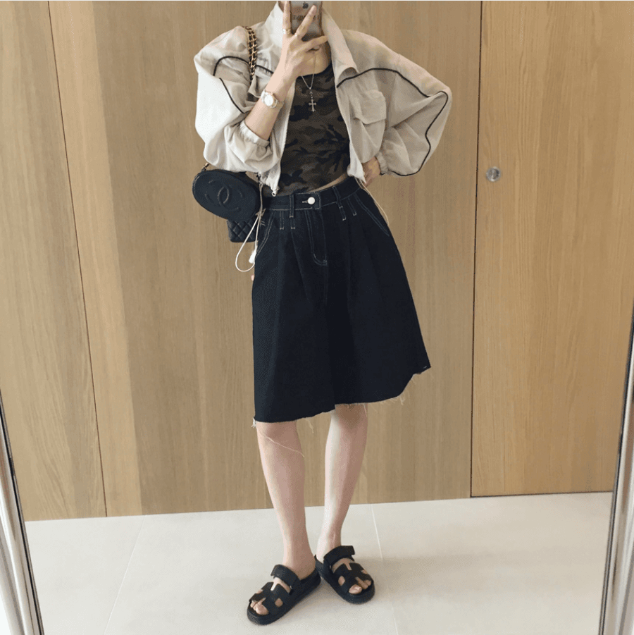 삼색 지금 바늘 Pleat 거친 가장자리 넓은 다리 데님 바지 반바지 상세 이미지 25