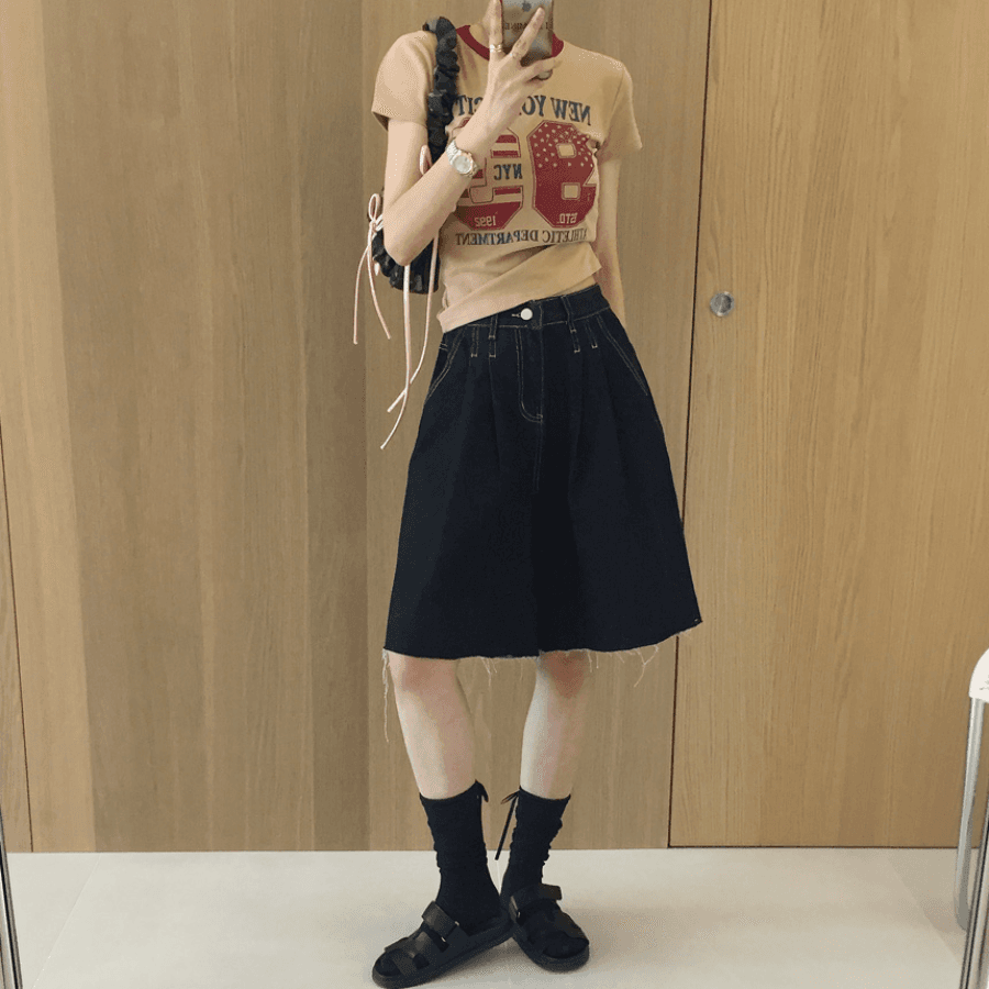 삼색 지금 바늘 Pleat 거친 가장자리 넓은 다리 데님 바지 반바지 상세 이미지 27