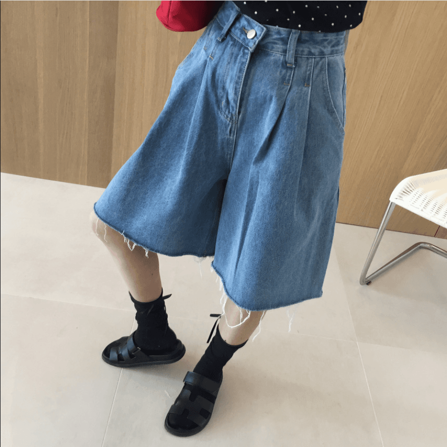 삼색 지금 바늘 Pleat 거친 가장자리 넓은 다리 데님 바지 반바지 상세 이미지 32