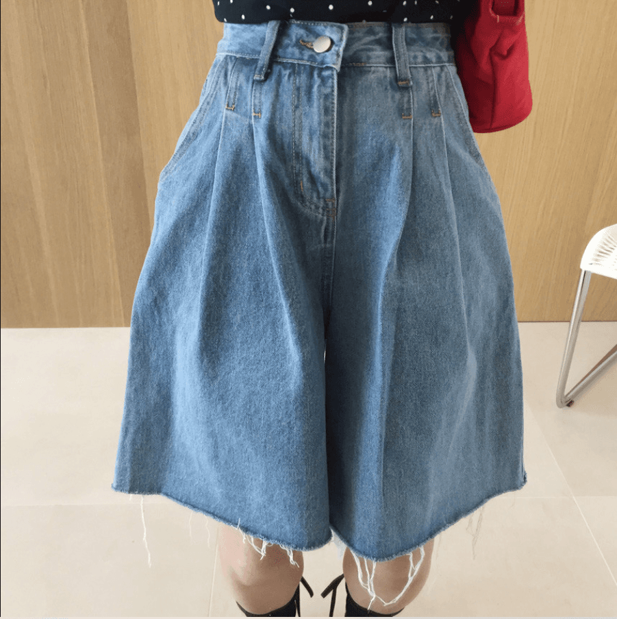 삼색 지금 바늘 Pleat 거친 가장자리 넓은 다리 데님 바지 반바지 상세 이미지 34