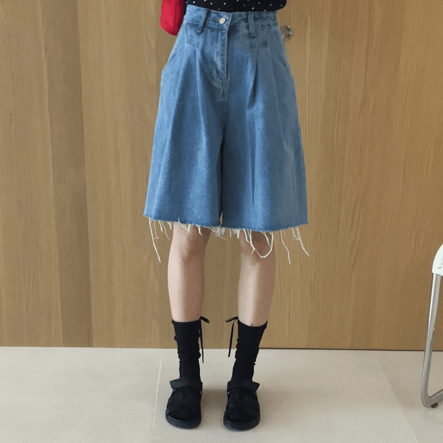 삼색 지금 바늘 Pleat 거친 가장자리 넓은 다리 데님 바지 반바지 상세 이미지 35