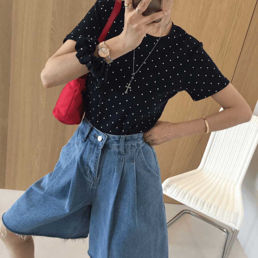 삼색 지금 바늘 Pleat 거친 가장자리 넓은 다리 데님 바지 반바지 상세 이미지 36