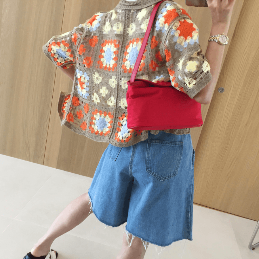 삼색 지금 바늘 Pleat 거친 가장자리 넓은 다리 데님 바지 반바지 상세 이미지 37