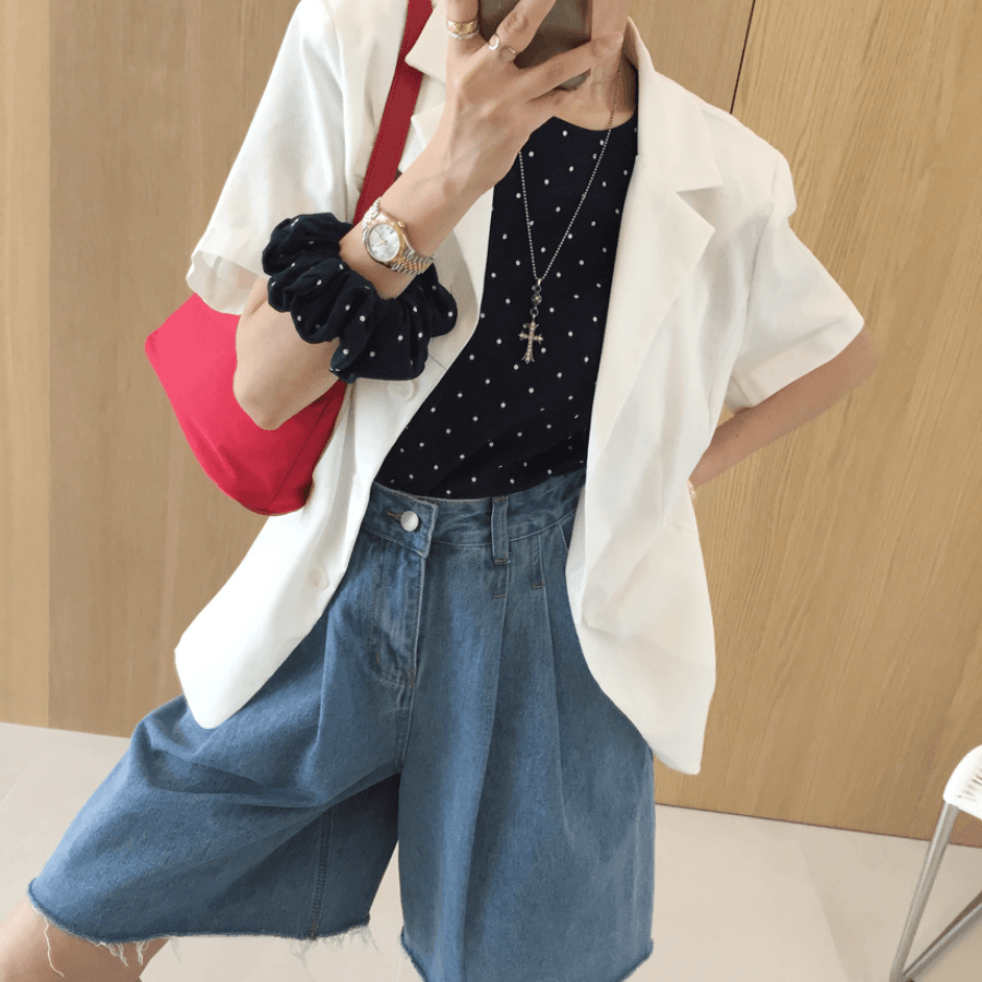 삼색 지금 바늘 Pleat 거친 가장자리 넓은 다리 데님 바지 반바지 상세 이미지 39