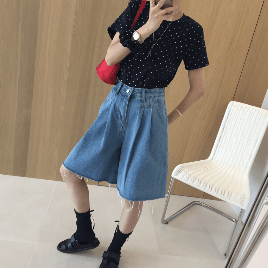 삼색 지금 바늘 Pleat 거친 가장자리 넓은 다리 데님 바지 반바지 상세 이미지 40