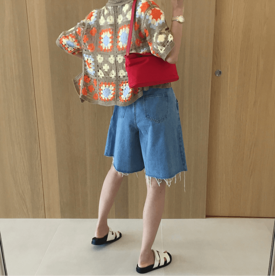 삼색 지금 바늘 Pleat 거친 가장자리 넓은 다리 데님 바지 반바지 상세 이미지 41
