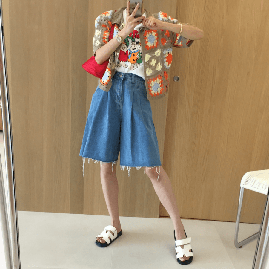 삼색 지금 바늘 Pleat 거친 가장자리 넓은 다리 데님 바지 반바지 상세 이미지 43