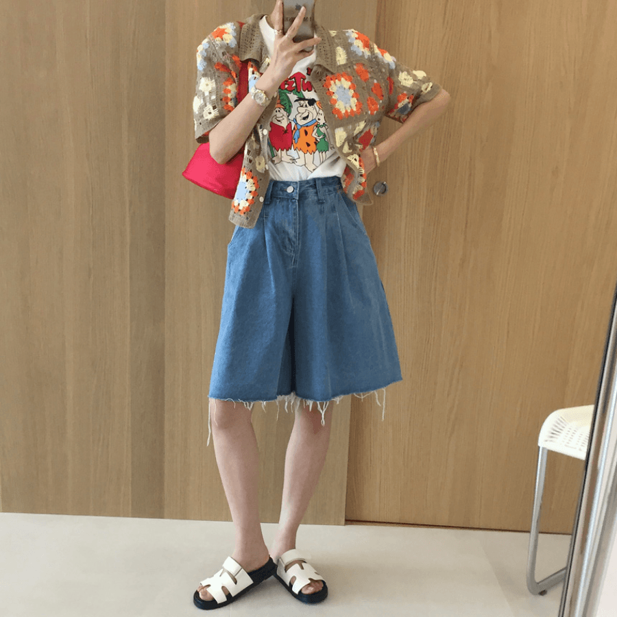 삼색 지금 바늘 Pleat 거친 가장자리 넓은 다리 데님 바지 반바지 이미지 4