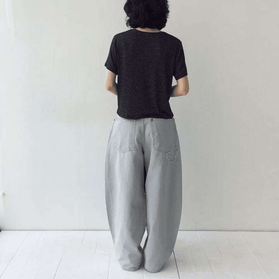 지금 거친 가장자리 꽃 레트로 워싱 자수 프로필 모양 청바지 긴 바지 이미지 3
