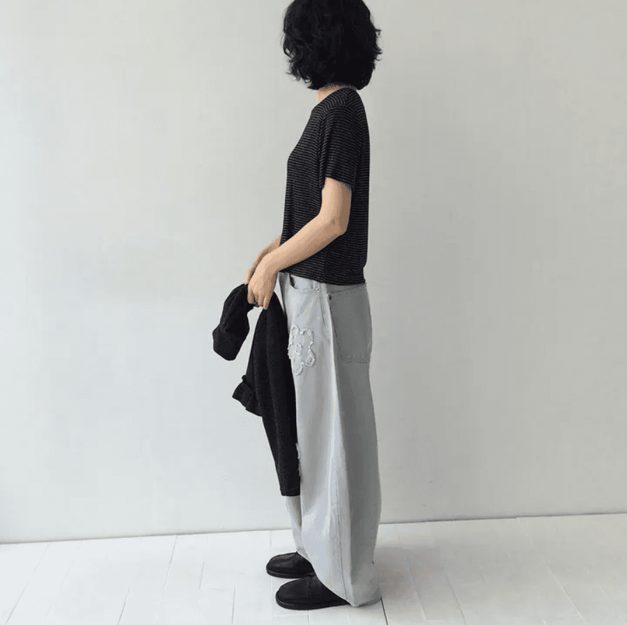 지금 거친 가장자리 꽃 레트로 워싱 자수 프로필 모양 청바지 긴 바지 상세 이미지 13
