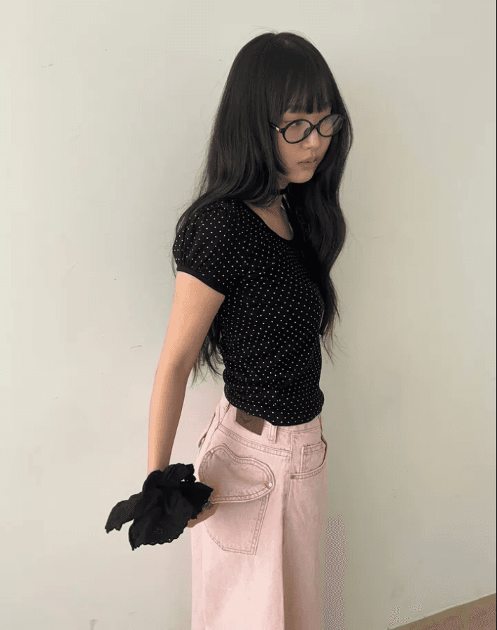 둘 색상 지금 카드 분말 하이웨이스트 워싱 엉덩이 하트 주머니 넓은 다리 데님 긴 바지 이미지 2
