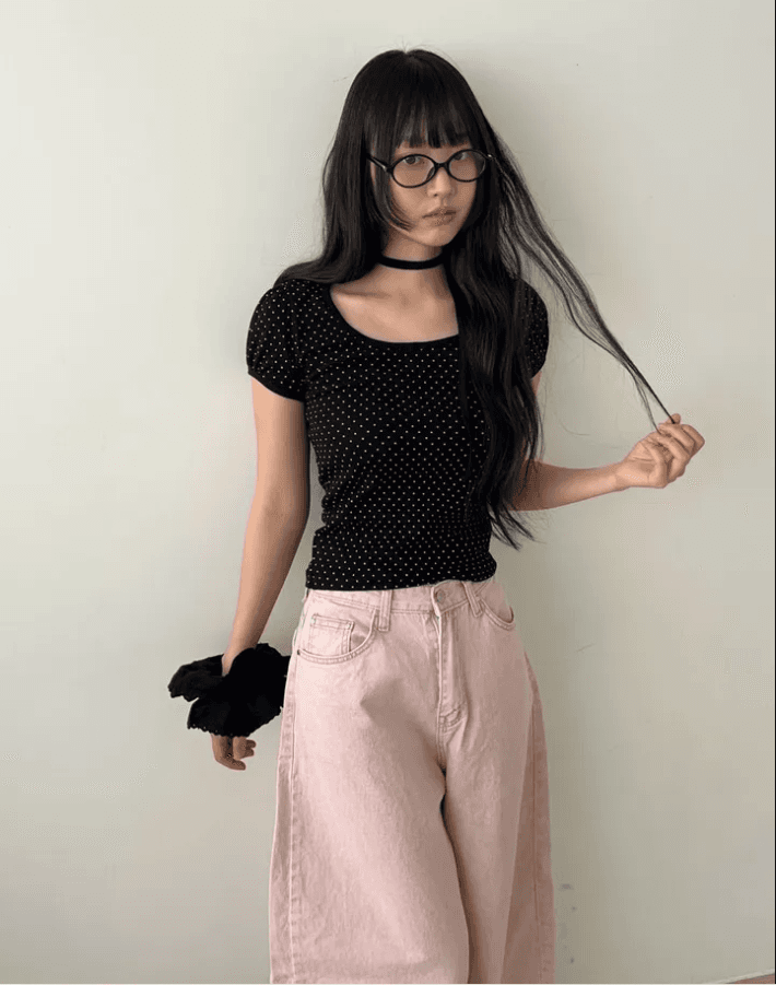 둘 색상 지금 카드 분말 하이웨이스트 워싱 엉덩이 하트 주머니 넓은 다리 데님 긴 바지 상세 이미지 1