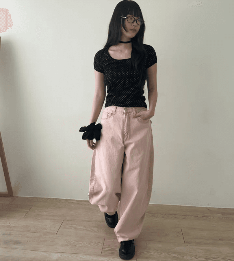 둘 색상 지금 카드 분말 하이웨이스트 워싱 엉덩이 하트 주머니 넓은 다리 데님 긴 바지 상세 이미지 2