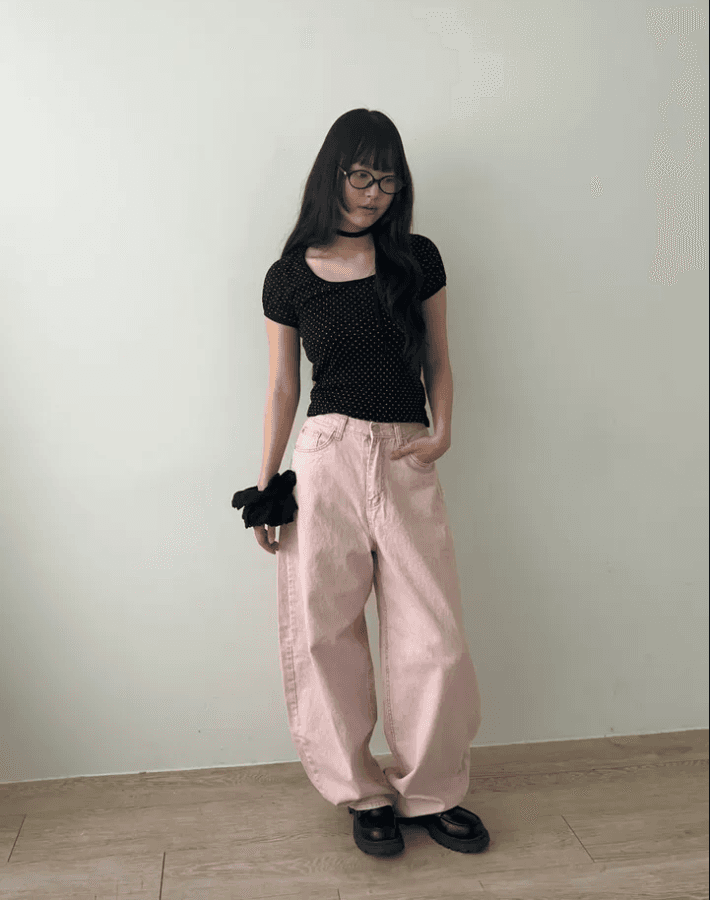 둘 색상 지금 카드 분말 하이웨이스트 워싱 엉덩이 하트 주머니 넓은 다리 데님 긴 바지 상세 이미지 4