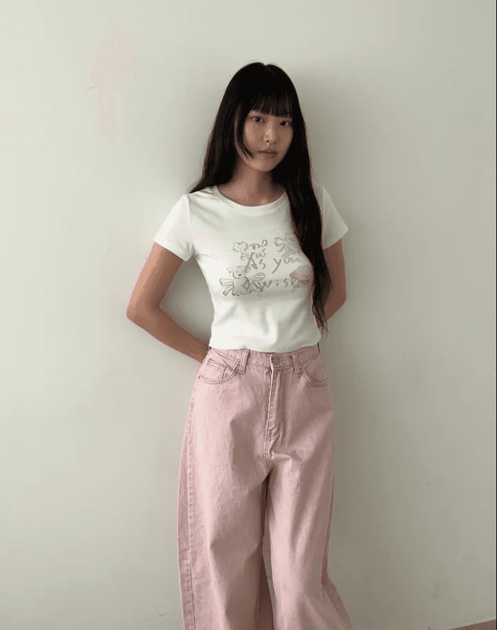 둘 색상 지금 카드 분말 하이웨이스트 워싱 엉덩이 하트 주머니 넓은 다리 데님 긴 바지 상세 이미지 6