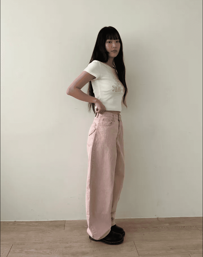 둘 색상 지금 카드 분말 하이웨이스트 워싱 엉덩이 하트 주머니 넓은 다리 데님 긴 바지 상세 이미지 8