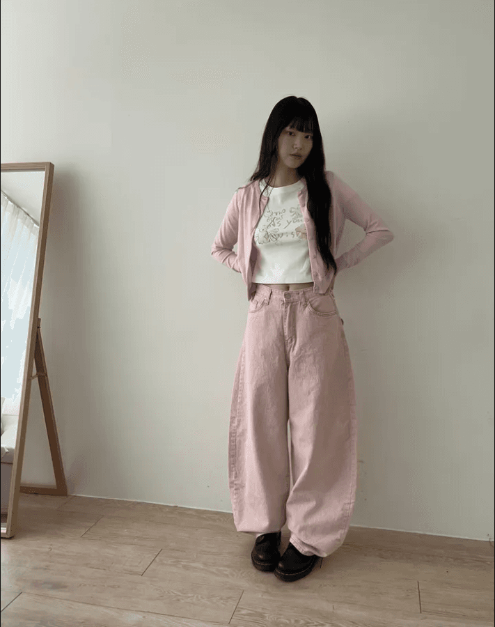 둘 색상 지금 카드 분말 하이웨이스트 워싱 엉덩이 하트 주머니 넓은 다리 데님 긴 바지 상세 이미지 11