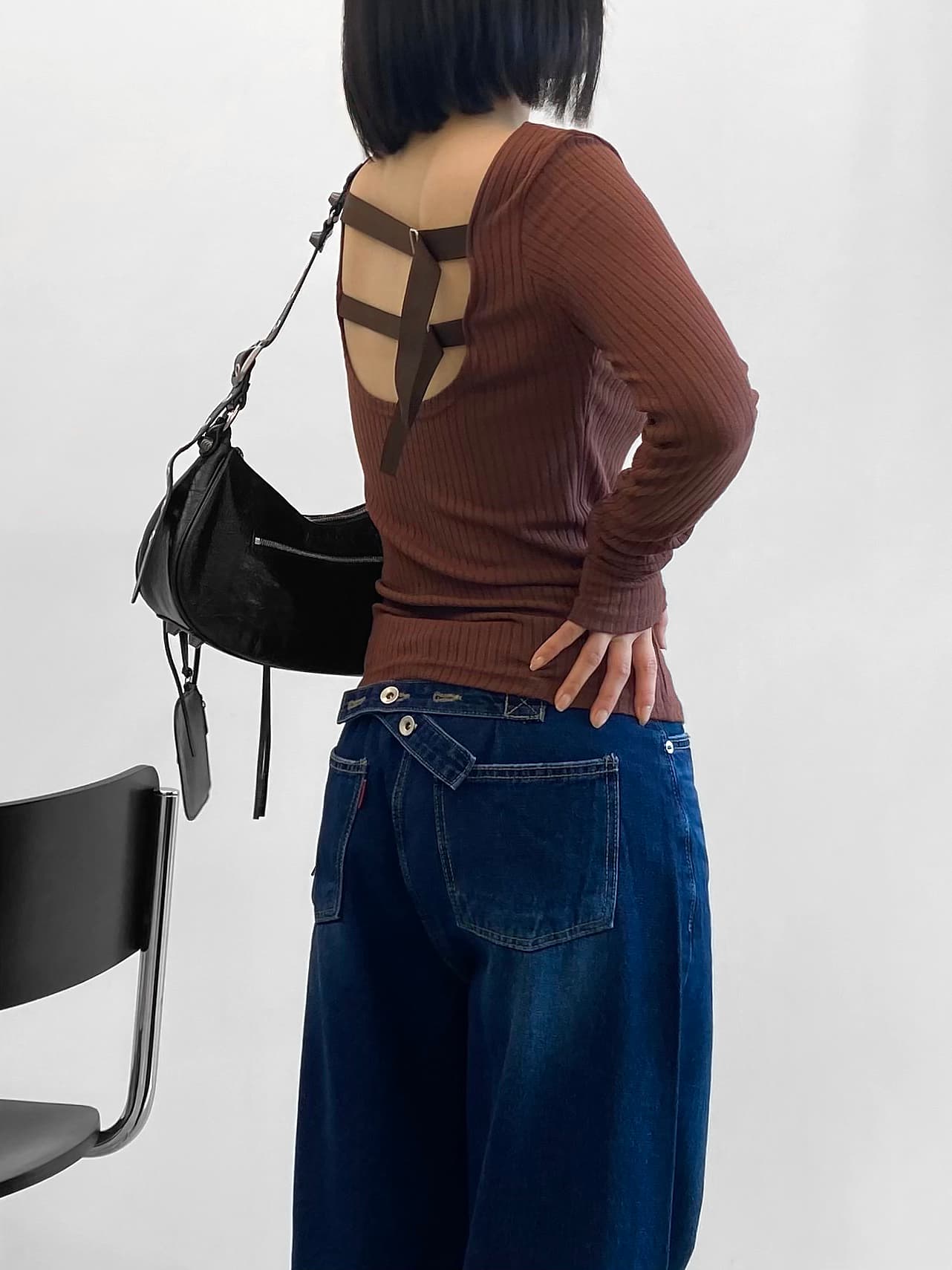 둘 색상 지금 스트랩 단추 디자인 레트로 하이웨이스트 블랙 블루 넓은 다리 데님 긴 바지 상세 이미지 13