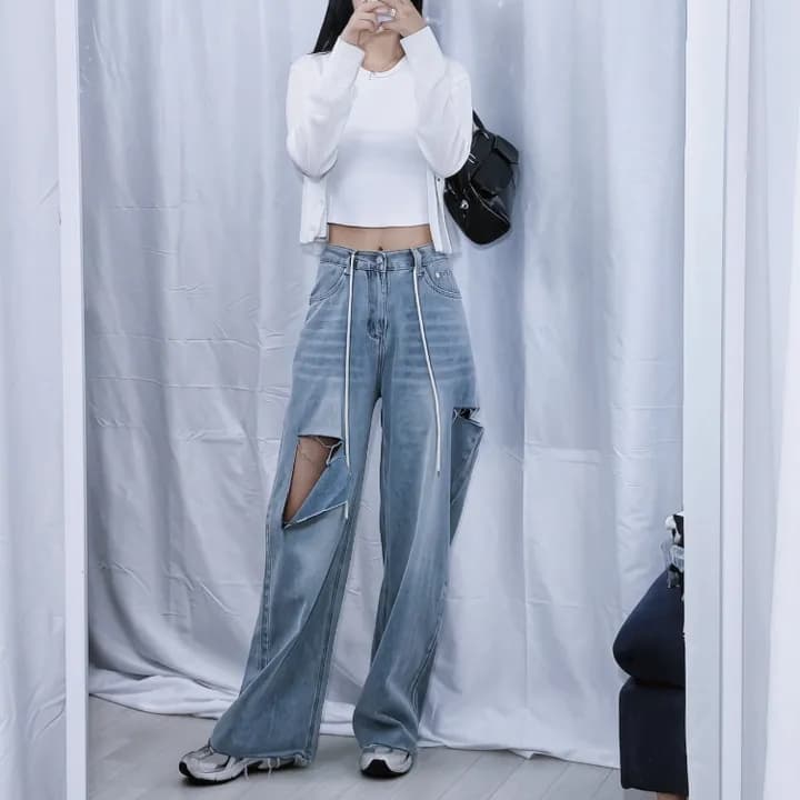 지금 엉덩이 깨진 하이웨이스트 펌프 로프 자르기 파괴 하늘색 워싱 루즈핏 데님 긴 바지 상세 이미지 6