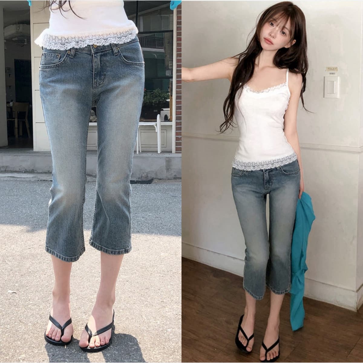 지금 레트로 맛 ~ 중 로우 웨이스트 데님 부츠컷 7부 바지