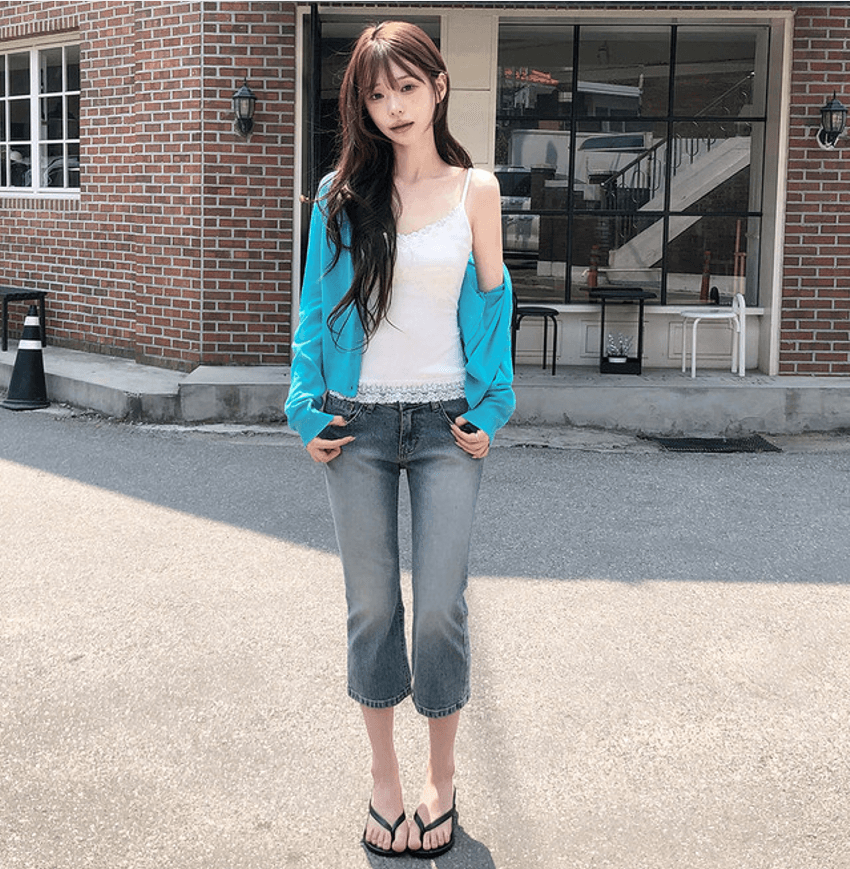 지금 레트로 맛 ~ 중 로우 웨이스트 데님 부츠컷 7부 바지 이미지 4