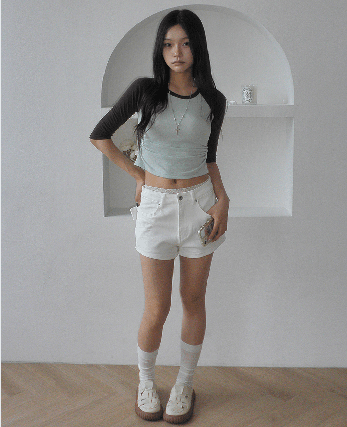 3 색 지금 이후 스트랩 데님 반바지 상세 이미지 5