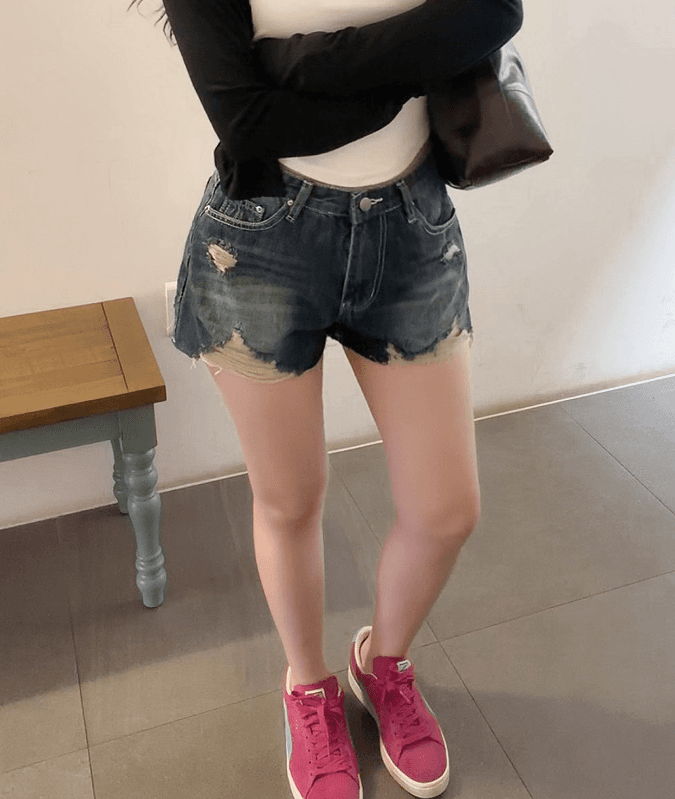 지금 여름 디스플레이 다리 길이 핫걸 찢어진 부분 그리기 거친 가장자리 슬림해 보이는 데님 반바지 상세 이미지 1