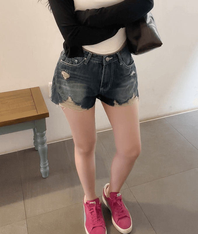 지금 여름 디스플레이 다리 길이 핫걸 찢어진 부분 그리기 거친 가장자리 슬림해 보이는 데님 반바지 상세 이미지 3