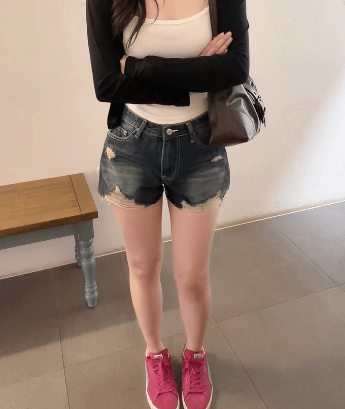 지금 여름 디스플레이 다리 길이 핫걸 찢어진 부분 그리기 거친 가장자리 슬림해 보이는 데님 반바지 상세 이미지 7