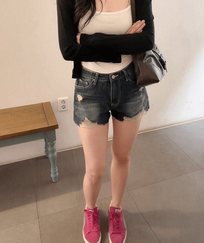 지금 여름 디스플레이 다리 길이 핫걸 찢어진 부분 그리기 거친 가장자리 슬림해 보이는 데님 반바지 상세 이미지 8