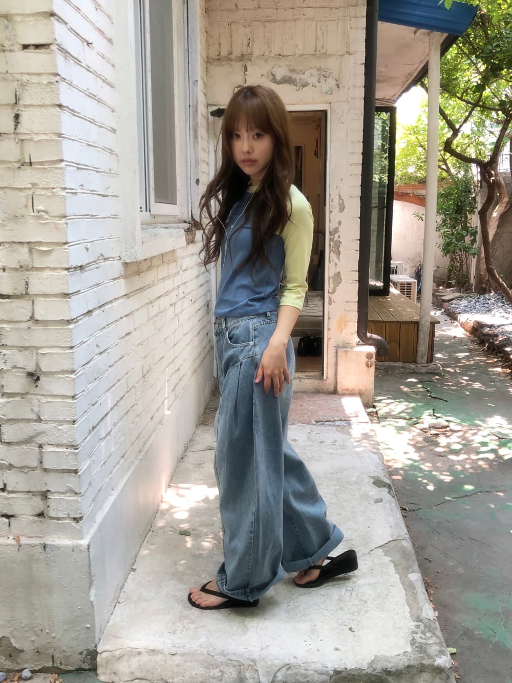 5 가지 색상 지금 열기 전단 와이드 다리 청바지 상세 이미지 5