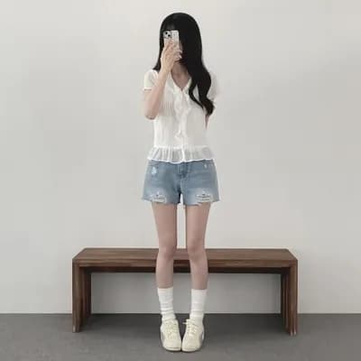 삼색 지금 세탁 손상 쇼트 스타일 데님 바지 상세 이미지 2