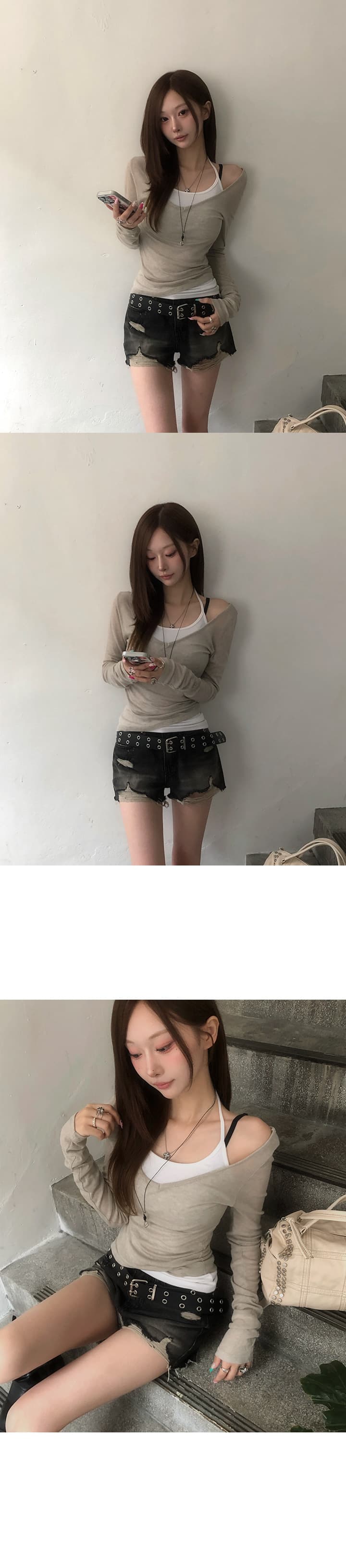 삼색 지금 a 선 찢어짐 데님 반바지 상세 이미지 2